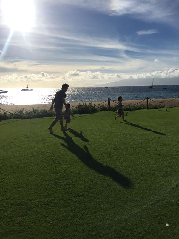 アメリカ(米国)・ハワイ「マウイ島　2018夏」の写真：ホテルの芝生を走る

綺麗な芝生