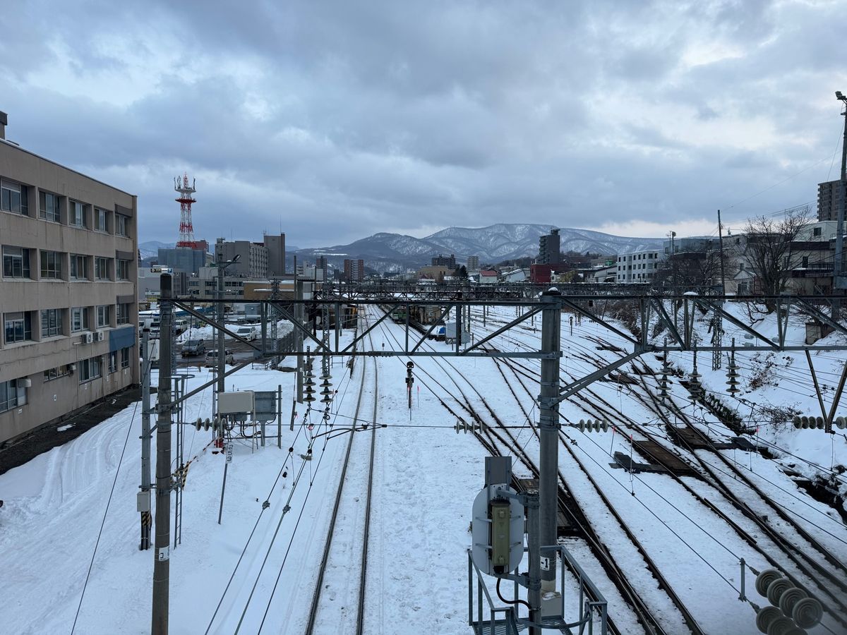 小樽の観光地の一つである船見坂とJR小樽駅構内
