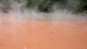 次の日は血の池地獄からスタート。
ここは入口にも手湯があり、一番高温。
地...