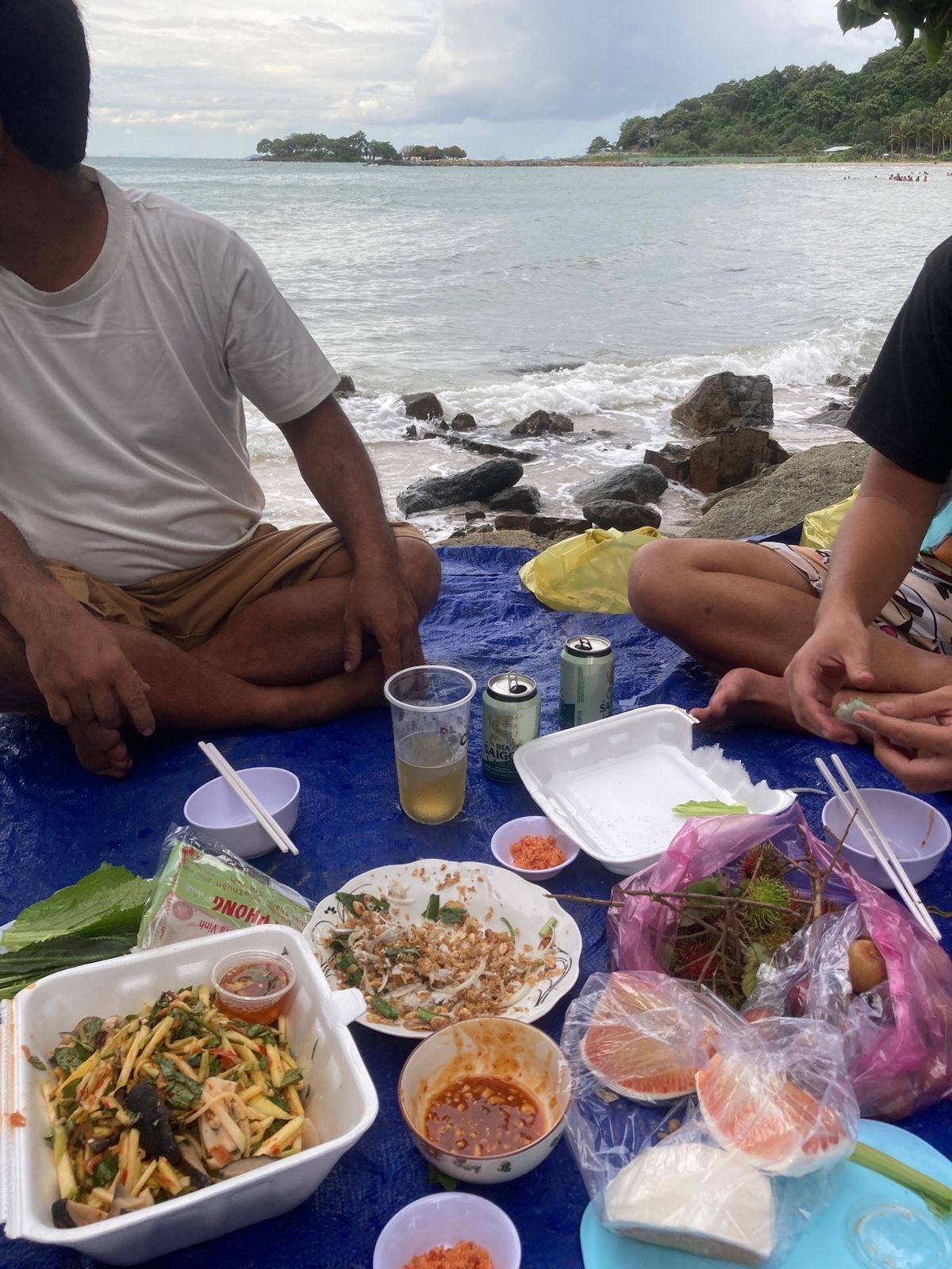 ビーチで飲み会、魚はニシン系のcá trích。野菜とライスペーパーでいた...