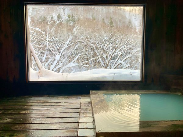 日本・乳頭温泉「🇯🇵【秋田】乳頭温泉郷湯めぐり」の写真：【鶴の湯別館山の宿】
朝焼けの内湯