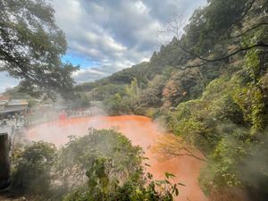 別府地獄めぐり。こちらは血の池地獄。真っ赤な熱湯です。