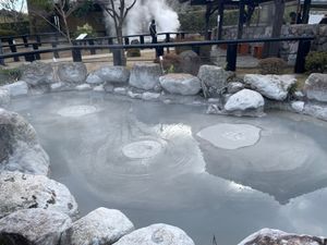 別府地獄めぐりの鬼石坊主地獄。こちらは灰色のドロドロした熱湯。