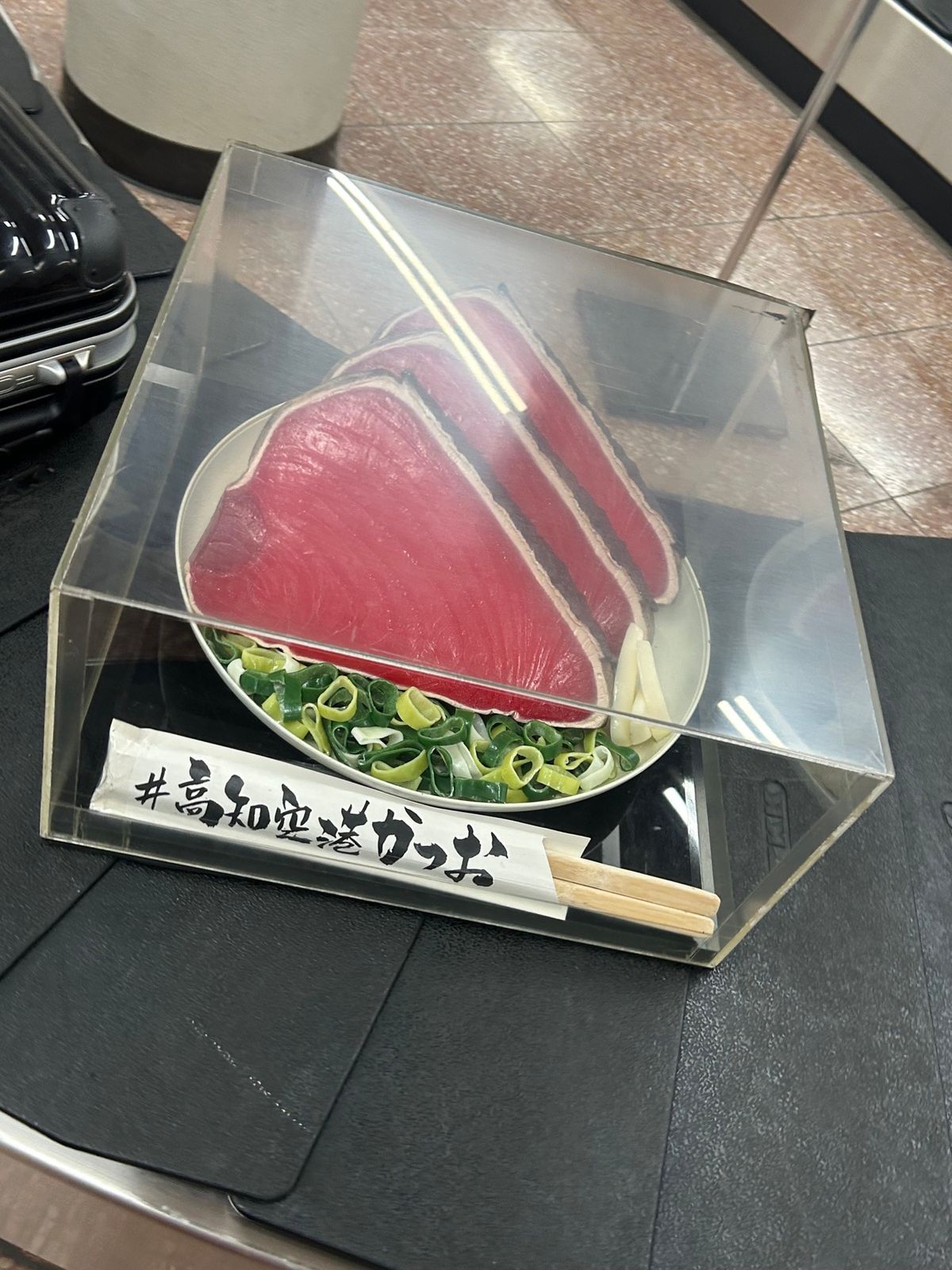 高知龍馬空港に到着。ターンテーブルの上を鰹が流れてました。