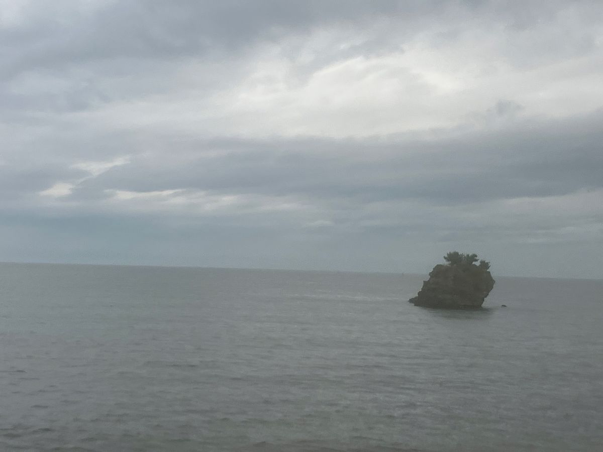 雨晴海岸から立山は見えず。雨天のため電車の中から日本海を鑑賞