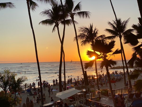 アメリカ(米国)・ワイキキ「ハワイ旅行」の写真：ワイキキビーチから見たサンセット🌅