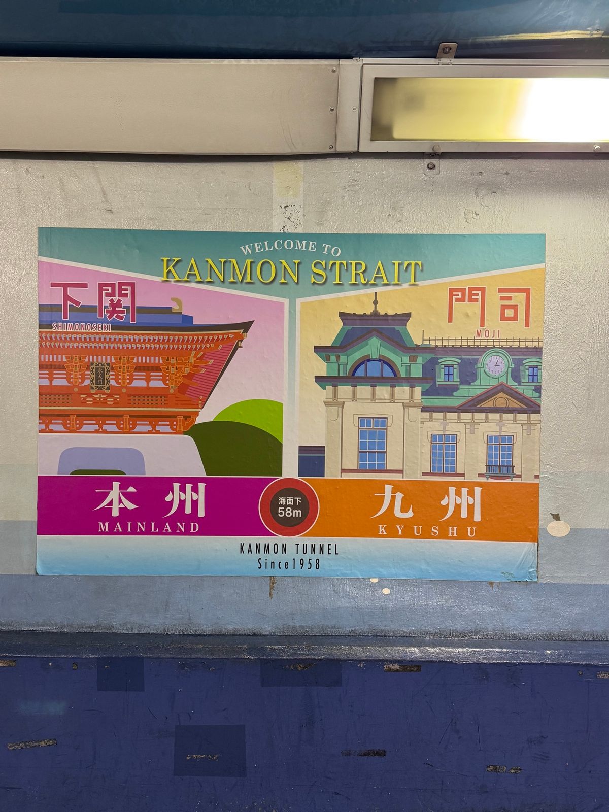 関門海峡を渡る
●門司港から下関に向かう地下歩道
●ここが中間地点　九州か...