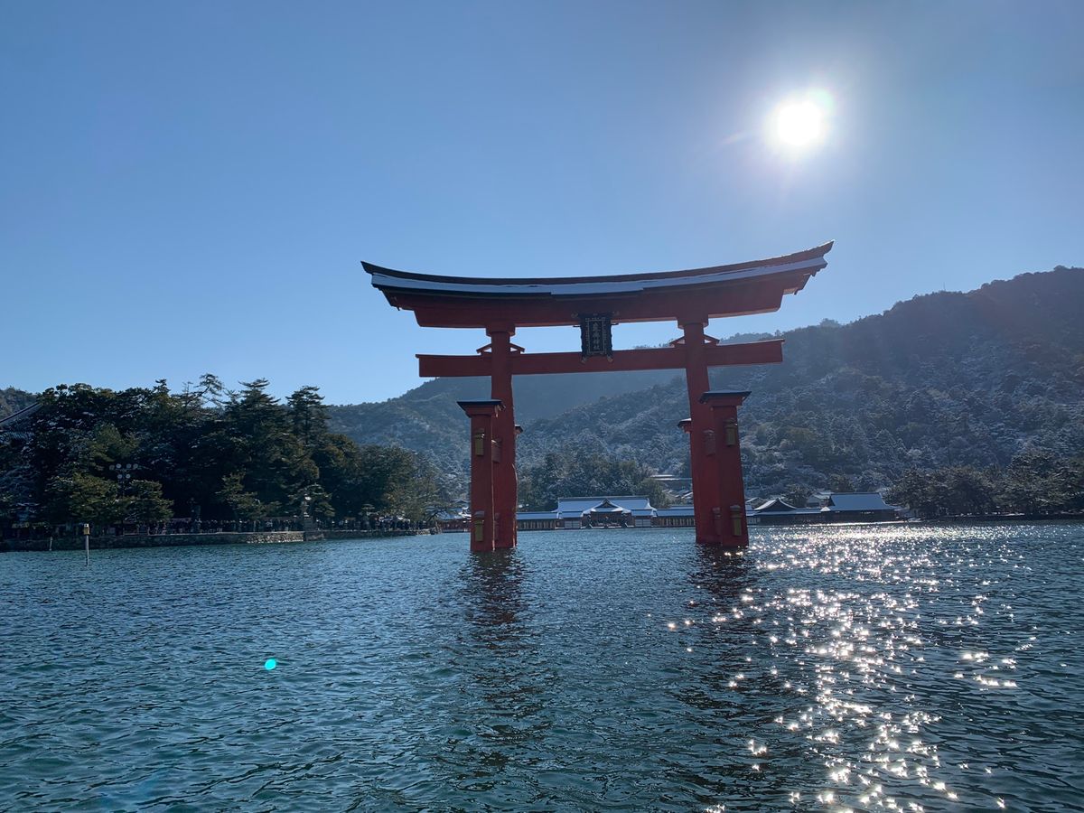ろかい船から鳥居潜っての参拝！
今日は稀である雪と太陽のコラボ
