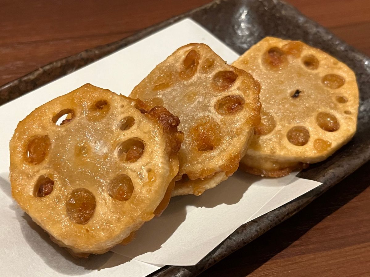 れんこんのはさみ揚げ、瓦そば、ゆずきちサワー
瓦そばそばのパリパリしたとこ...