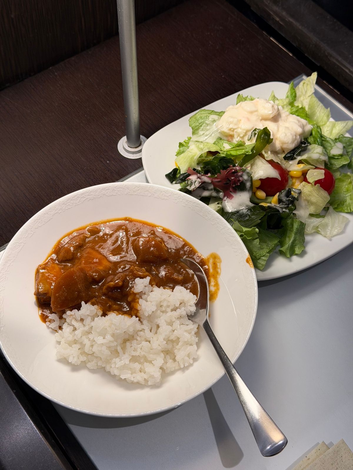ラウンジでいつものカレーと豚骨ラーメン。ここで夕食を済ませる。