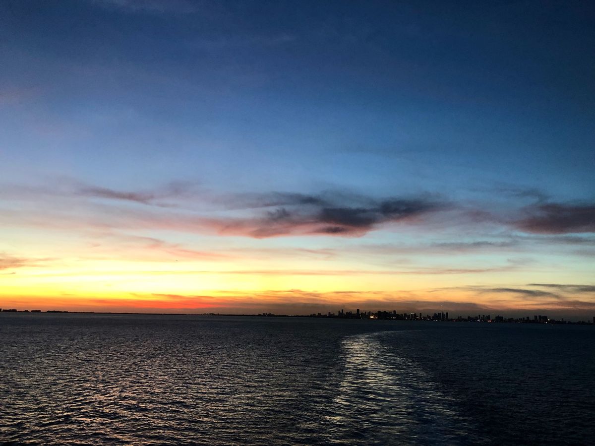 クルーズ船の後尾デッキからのサンセット
全然船酔いもなく
お酒飲みながらボ...