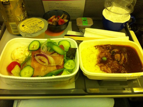 アメリカ(米国)・ホノルル「初ハワイ」の写真：エコノミーでハワイへ
機内食を食べていた...