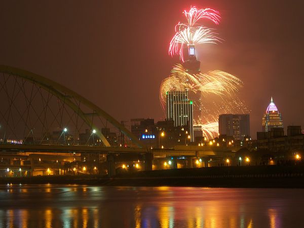 台湾・台北「台湾　新年を告げる台北101の年越し花火　」の写真：この花火をどこから見るかは台北市民の悩み...