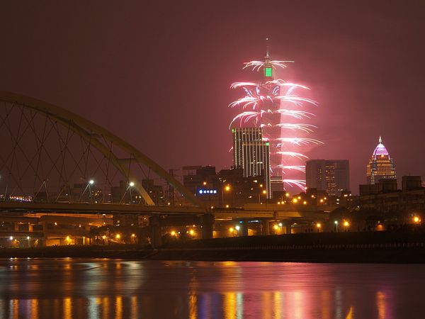 台湾・台北「台湾　新年を告げる台北101の年越し花火　」の写真：この花火をどこから見るかは台北市民の悩み...