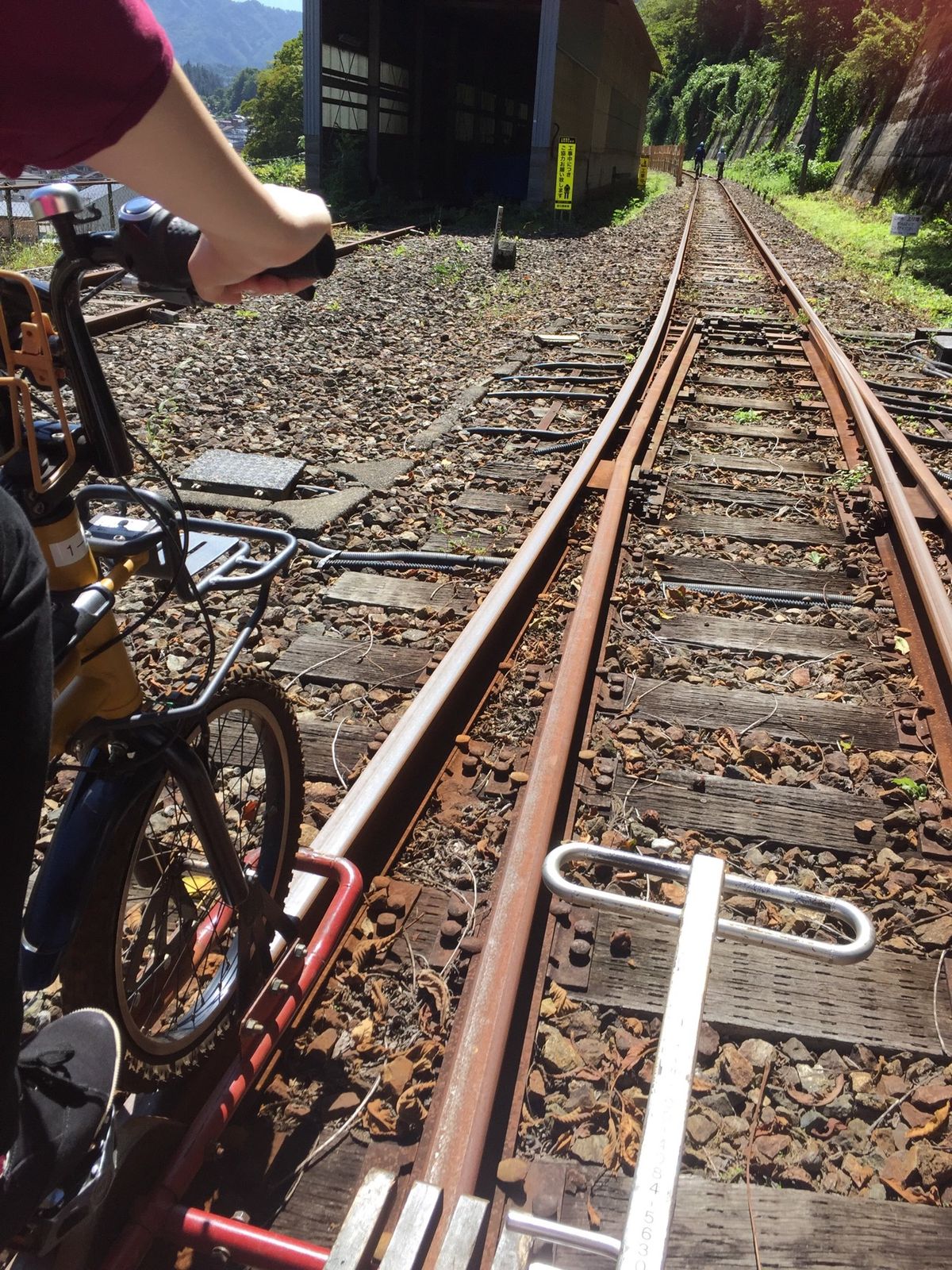 電車の線路を自転車で走行するなんて新鮮！
本当にガッタンゴットンする！
