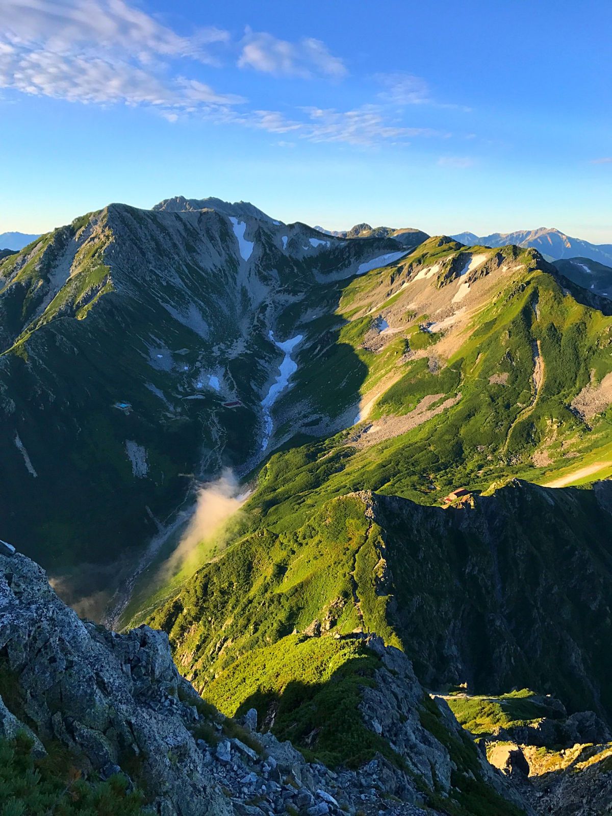 難所を抜けてさらに登ると、狭く尖った剣岳の山頂に登頂です。
夜明け前に出発...