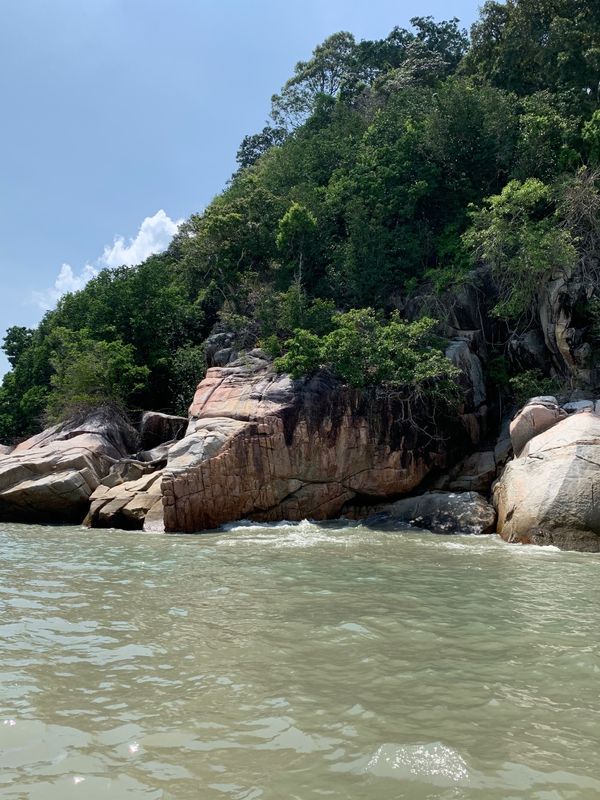 マレーシア・ペナン島「マレーシア　ペナン島」の写真：船頭さんがカメに見える岩とクロコダイルに...