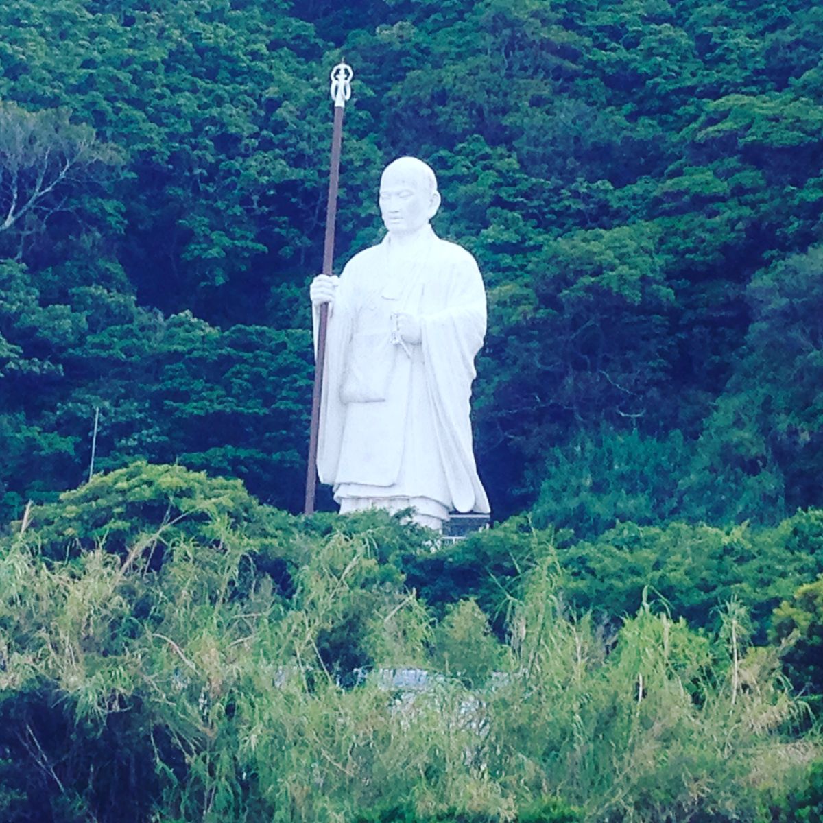 そのまま慎太郎像を過ぎると空海像、夫婦岩が見えてきます。
春は山桜と海と両...