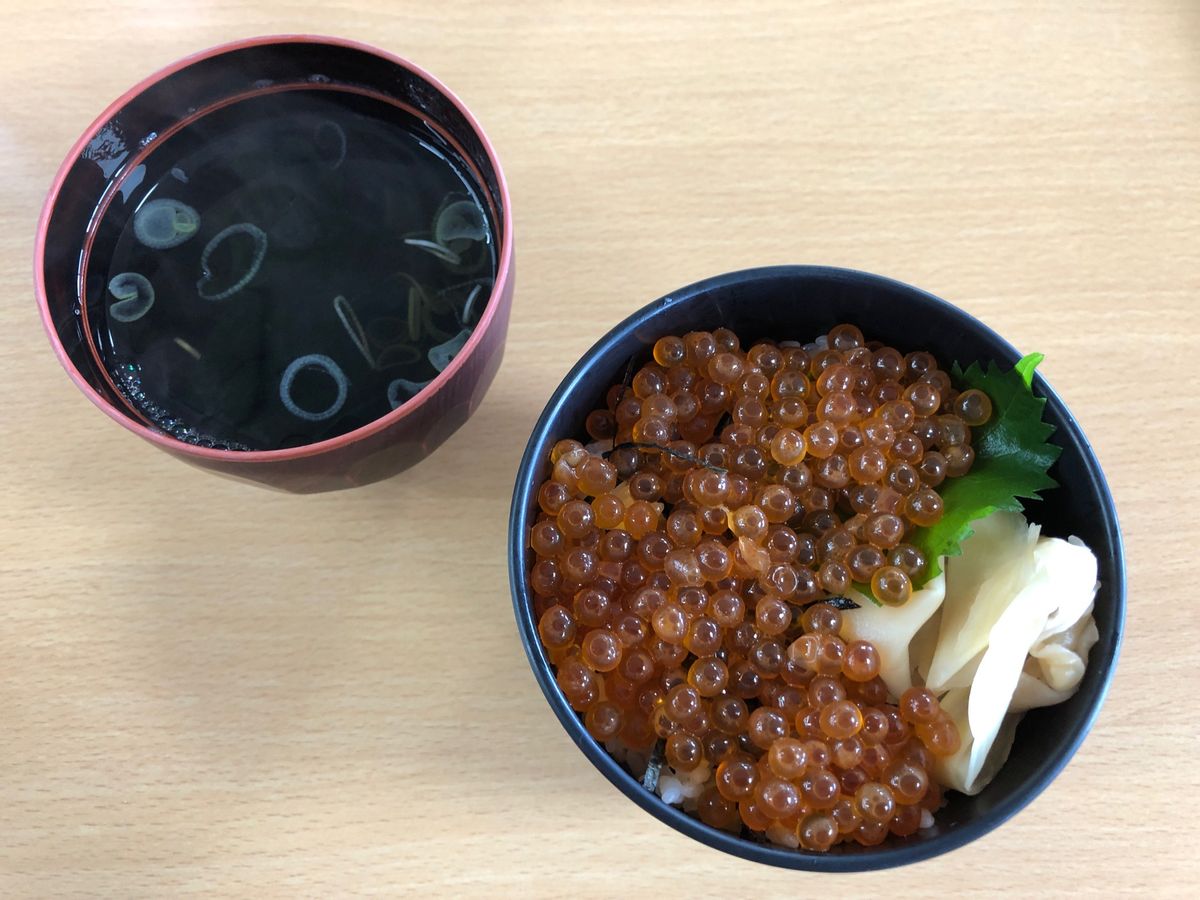 礼文島で食べた食べ物たち。肉厚ホタテ、ほっけやイクラなど。