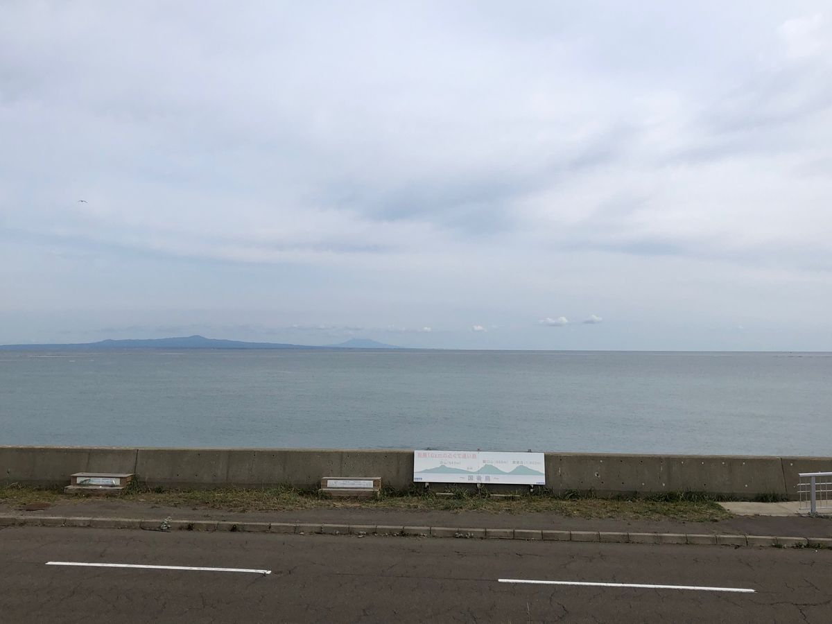 国後島を見に野付半島へ。途中、タンチョウ発見。知床に行く途中で寄った鯨の見...