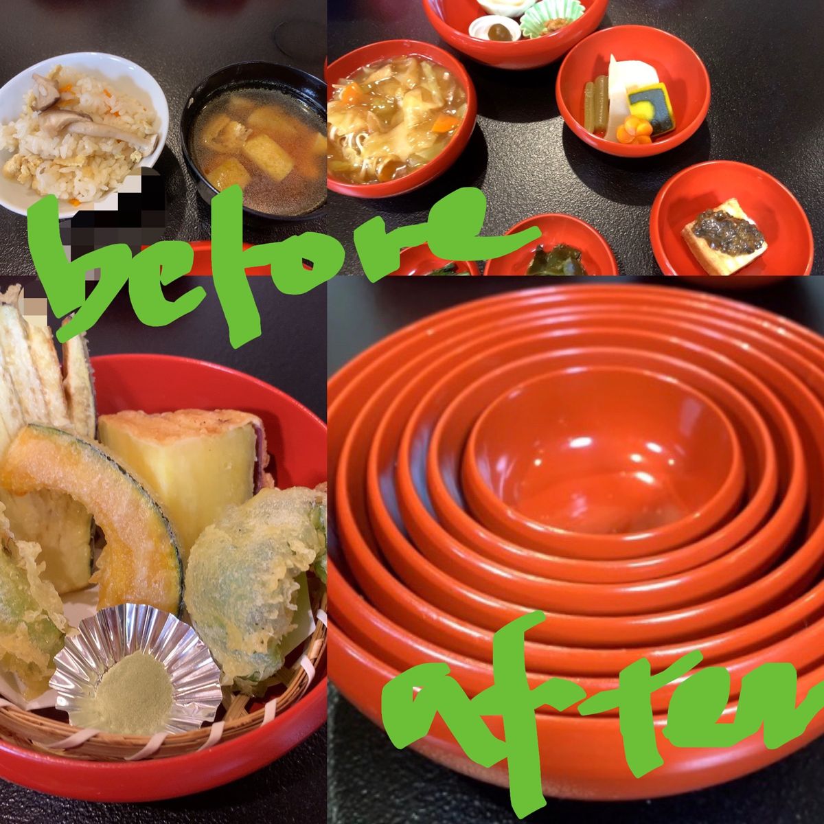 薬王院　夜の膳。食べ終わると食器が見事に一つにまとまります。