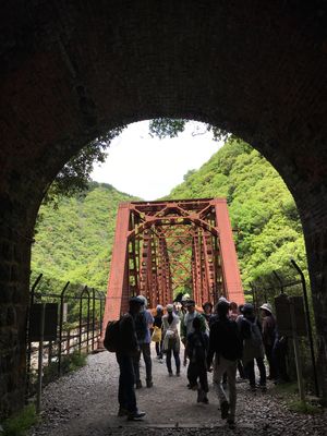 廃線を歩きます。
トンネルは真っ暗で、懐中電灯がないと進めません。