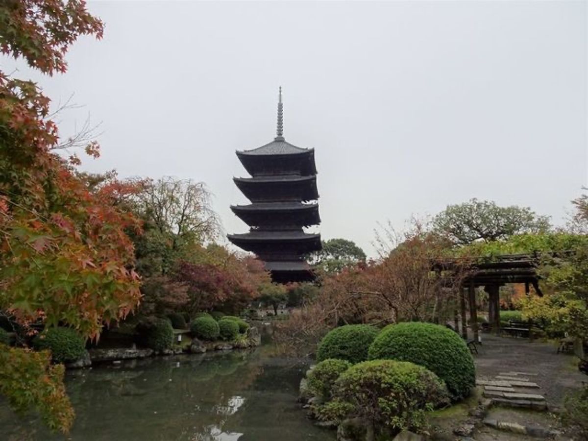 1枚目は五重塔と紅葉、2枚目は五重塔と瓢箪池、3枚目は五重塔と南大門、4枚...