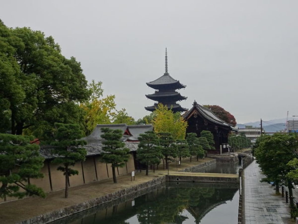 1枚目は五重塔と紅葉、2枚目は五重塔と瓢箪池、3枚目は五重塔と南大門、4枚...