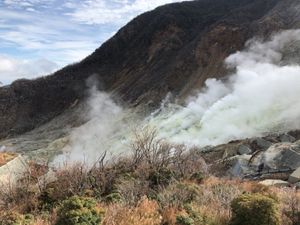 ロープウェイに乗っていて、ようやく富士山とご対面。