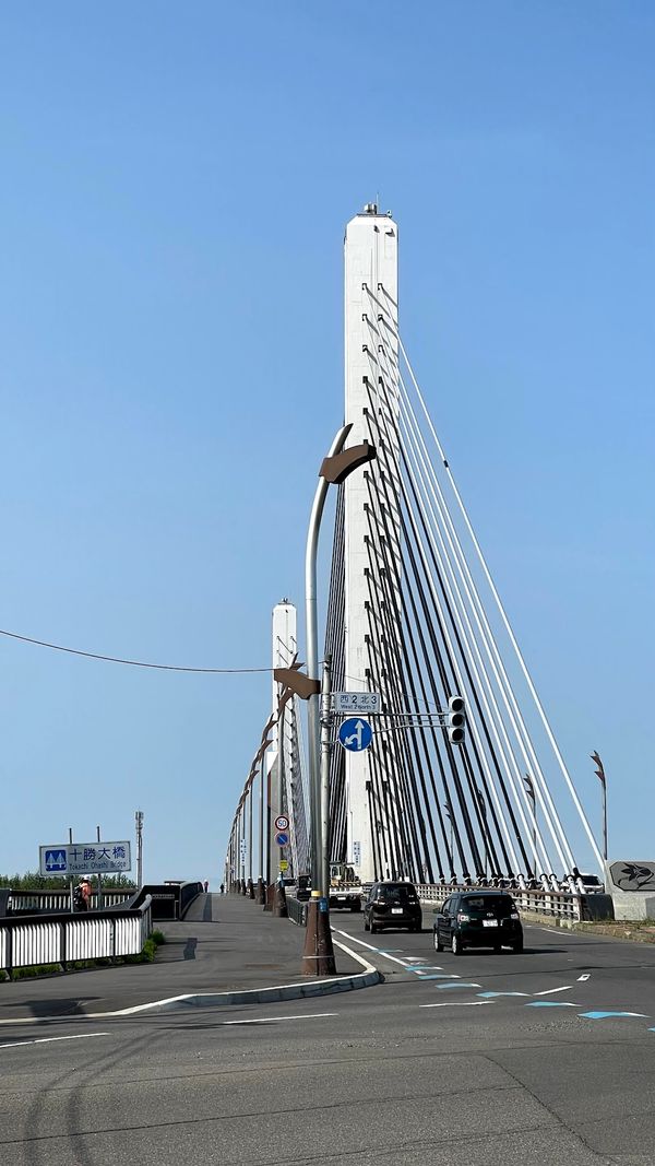 日本・北海道「トカプチ400 ナショナルサイクルロードの旅」の写真：行きは渡らない十勝大橋
自転車で走りやす...
