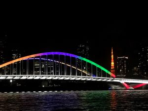 日本橋の五輪オブジェ。
ブルーインパルス。
五輪カラーにライトアップされた...