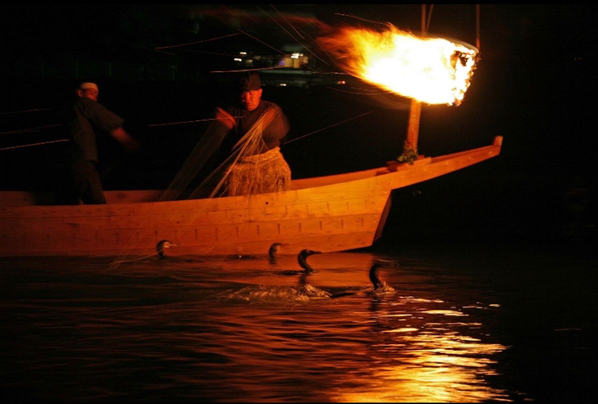 岐阜県長良川の鵜飼

真っ暗闇の中、篝火がオレンジ色に燃えて、幻想的な雰囲...