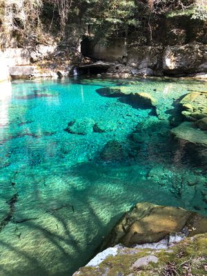 深く青い滝壺に思わず吸い込まれそうになる「にこ淵」。安居渓谷の流れる水の透...