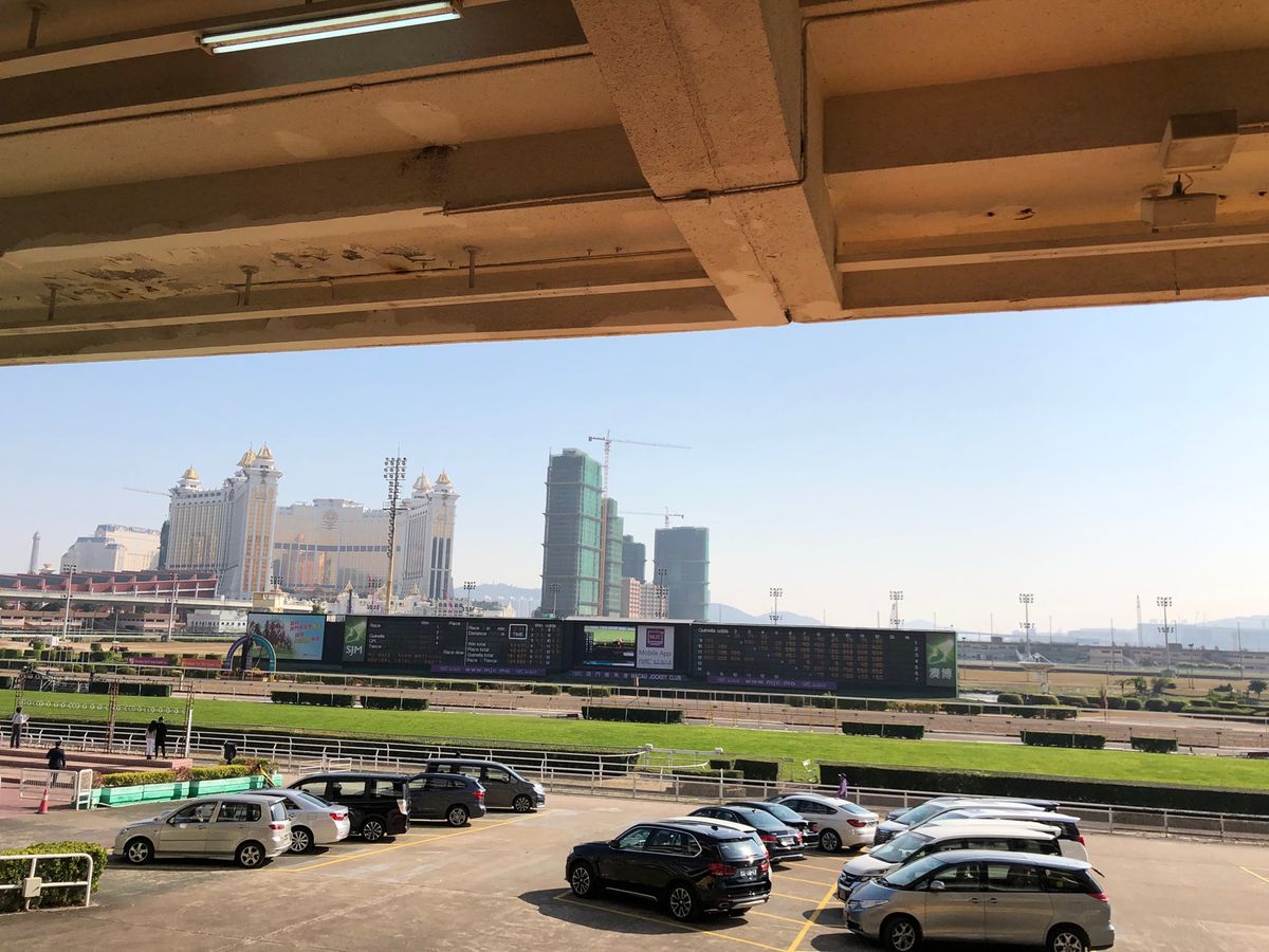 マカオ競馬場はかなりローカルな感じです。客席とコースの間には駐車場があった...