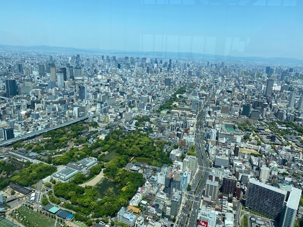 日本・大阪府「ハルカス展望台」の写真：通天閣、天王寺動物園、大阪城がかろうじて...
