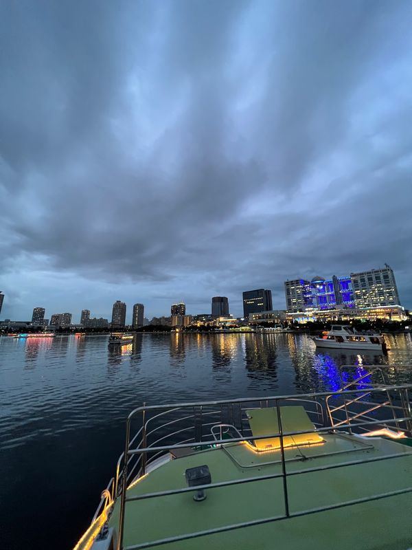 日本・東京都「屋形船『あみ達』で東京湾でBBQ」の写真：お台場前で停泊しBBQ スタート
夜はお...