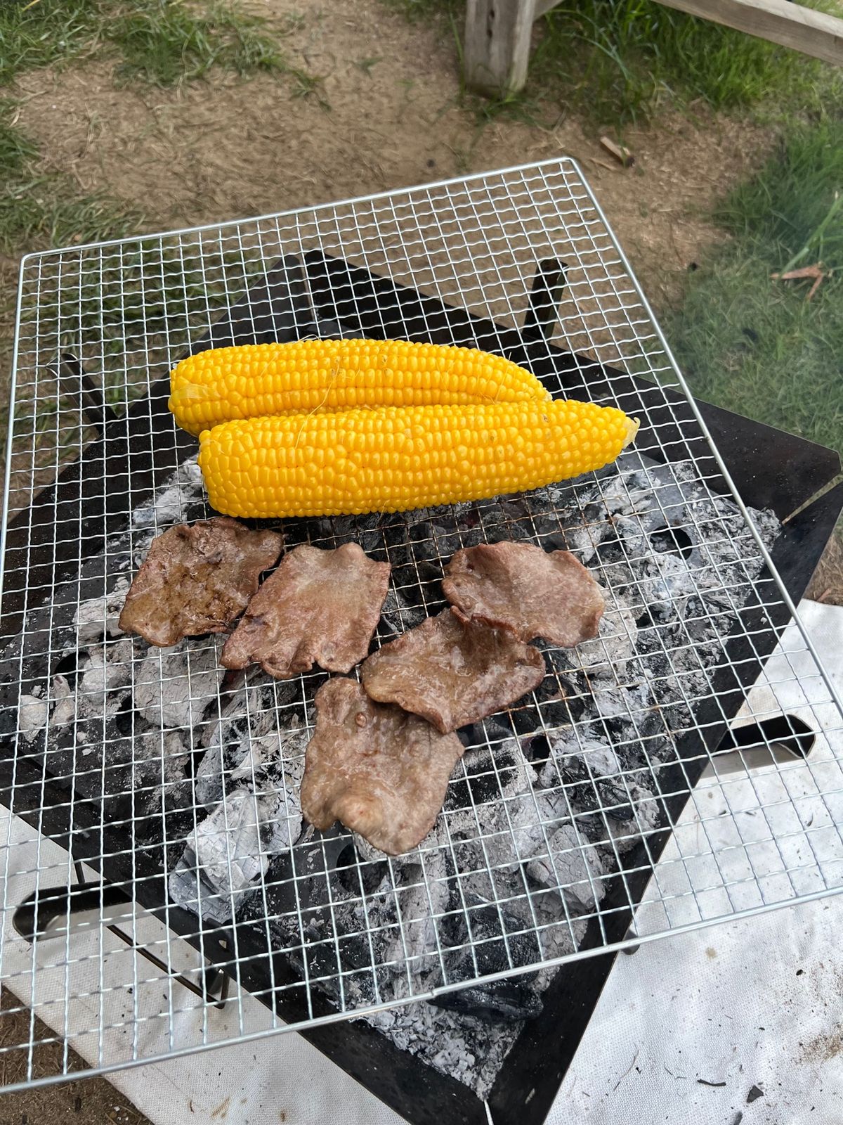 早速焚き火で炭を作り肉を焼く。

麻布十番の喜多川さんで買った牛タン、せせ...
