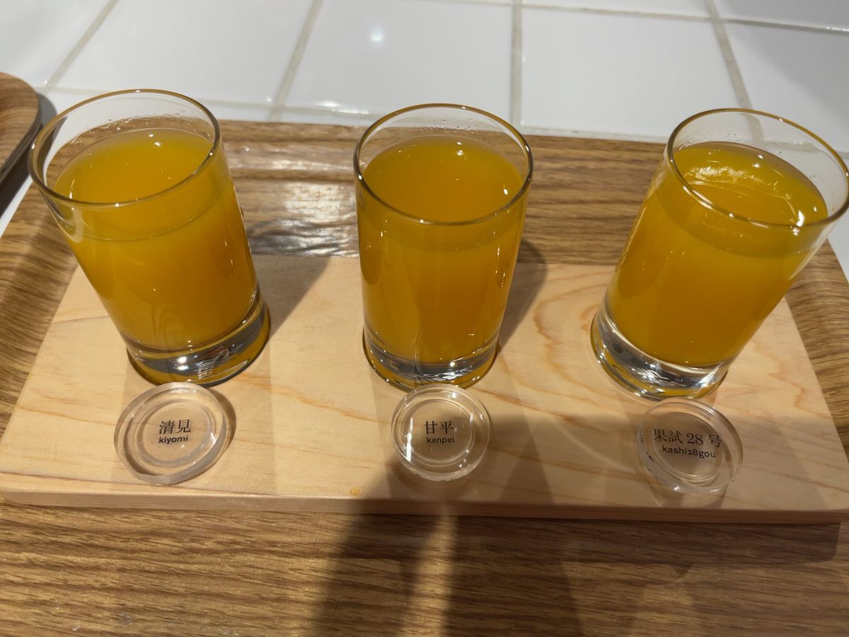 松山といえばみかん。10Factoryでみかんジュースの飲み比べ。いろんな...