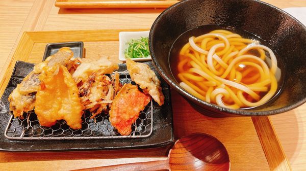 日本・大阪府「たこ焼き食べ比べ」の写真：〆に夜ご飯は天ぷらうどん。
出汁がめちゃ...