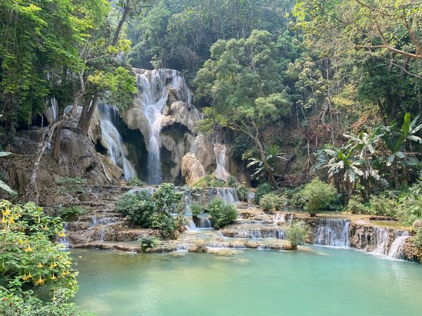 ラオス人民民主共和国・ルアンパバーン「ラオス🇱🇦」の写真：クァンシーの滝。
現地で知り合った友達が...