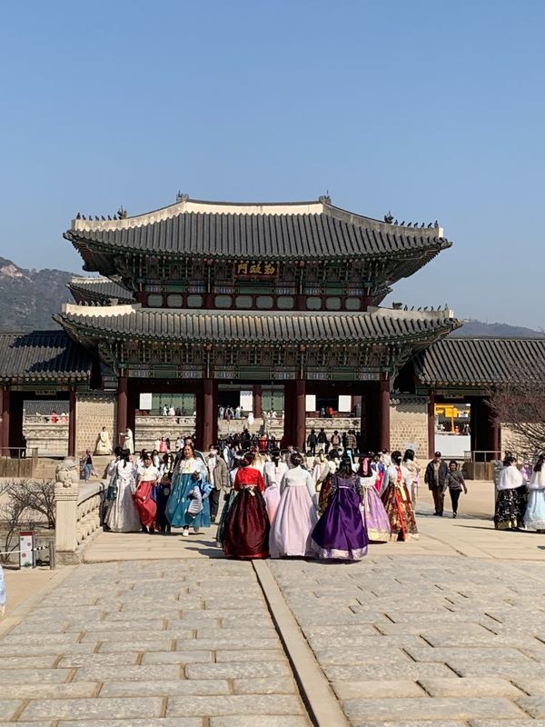 大韓民国 (韓国)・ソウル「韓国一人旅」の写真：景福宮は多国籍チマチョゴリの群れ