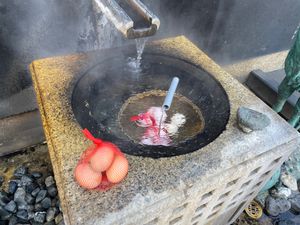 和倉温泉の湯元。源泉は熱くて中で温泉卵を作ることができます。15分くらいで...