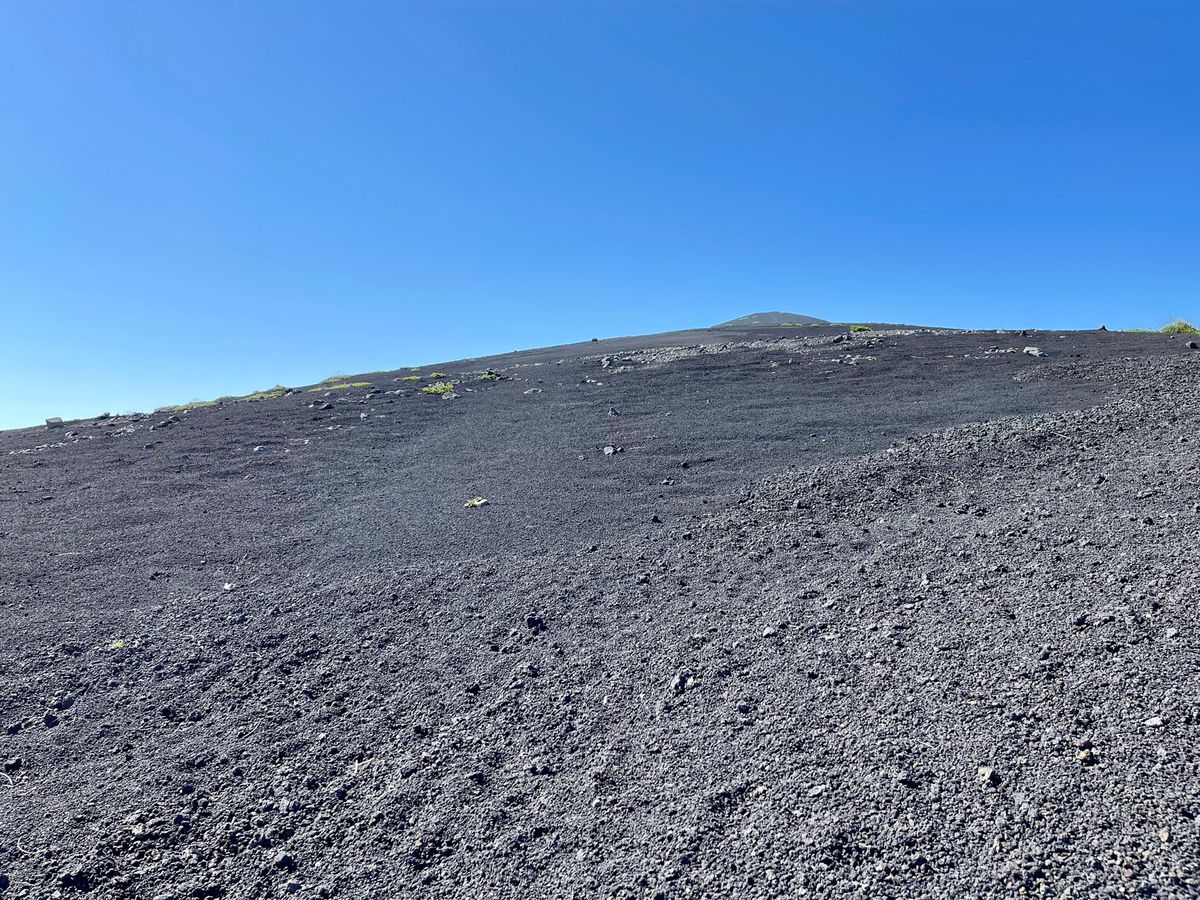 島に到着するときに見えた海越しの富士山に興奮！
三原山の黒い砂漠を登り、高...