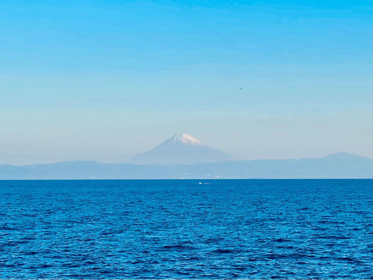 島に到着するときに見えた海越しの富士山に興奮！
三原山の黒い砂漠を登り、高...