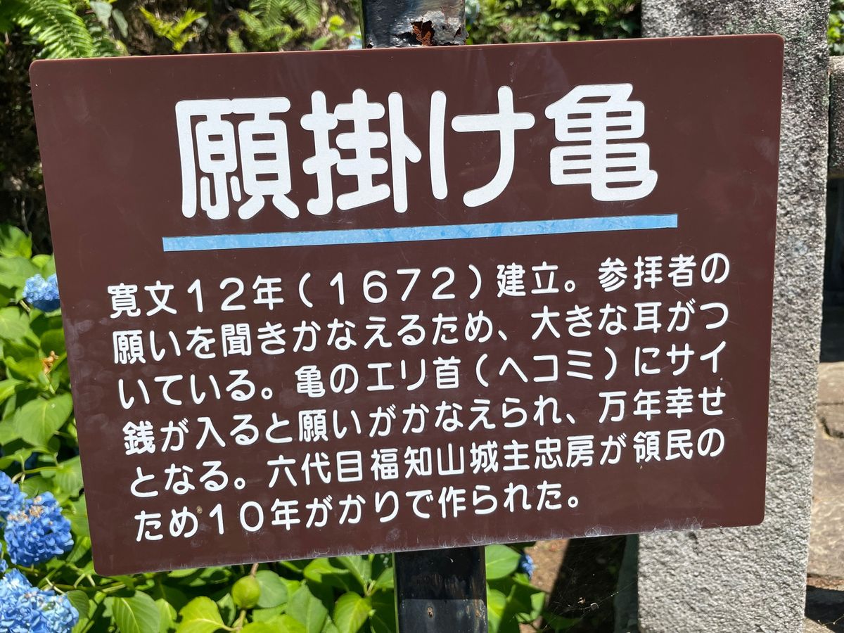 境内には「願掛け亀」と言う亀が。お賽銭が上手く首の凹みに入ると願いが叶うそ...