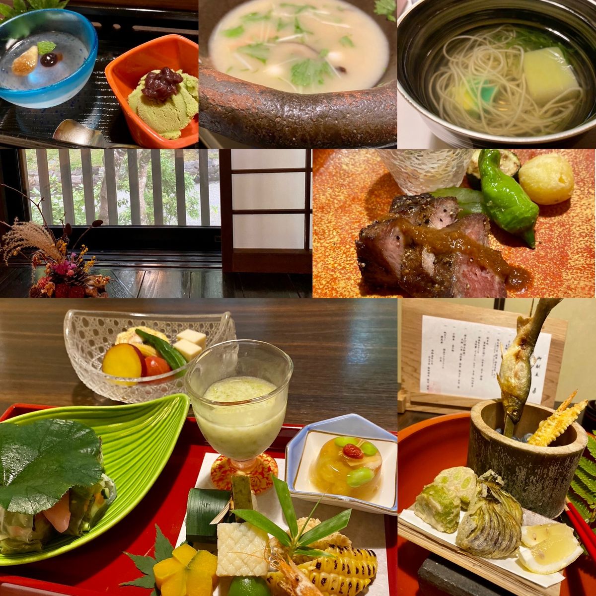 食事はすべて個室の食事処にて。
鮎、阿蘇のあか牛、郷土料理のだご汁。
山地...